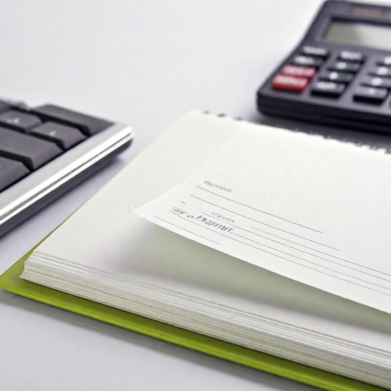 Notepad with a visible blank check, calculator, and computer keyboard in the background.