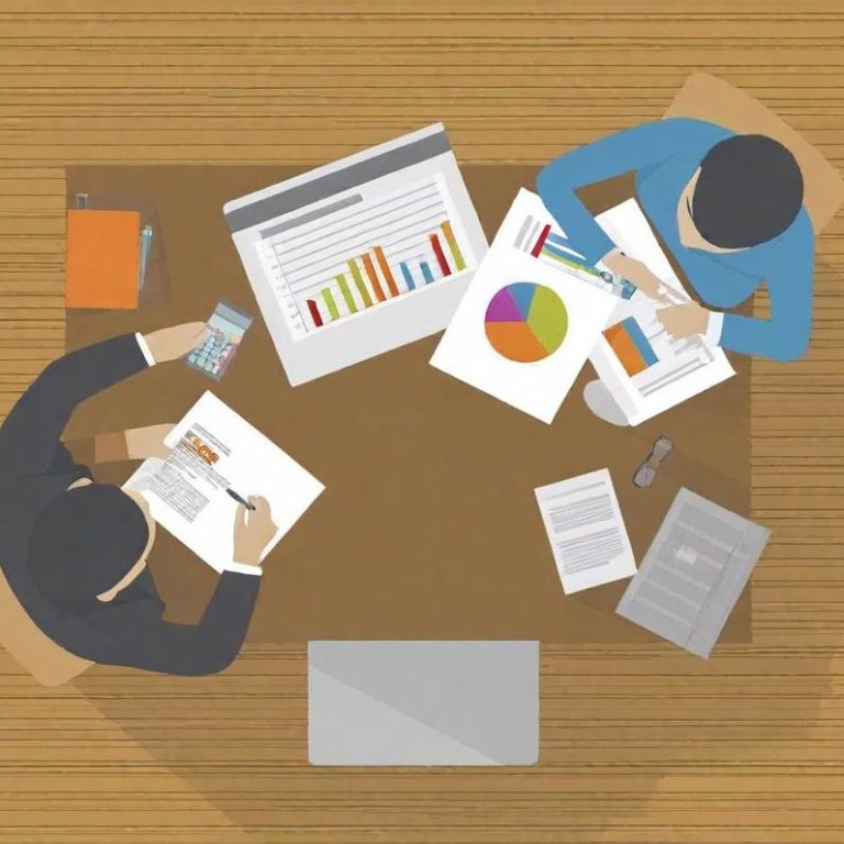 Two people working at a desk with charts, graphs, and documents.