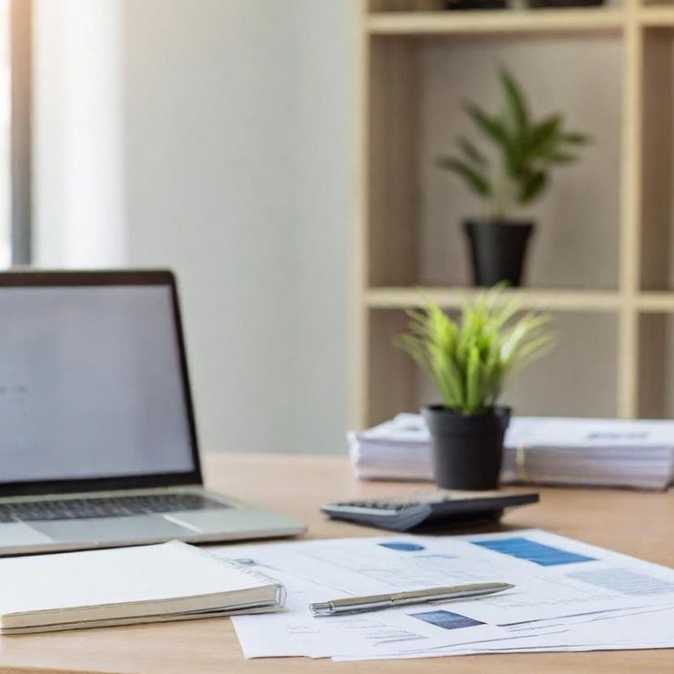 Desk with a laptop, documents, calculator, and a small potted plant.