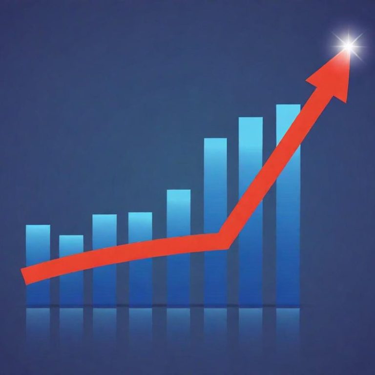 Blue bar graph with a red diagonal arrow indicating upward growth and success.